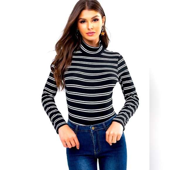 Striped Ribbed High Neck Long Sleeve - Black - Picture 1 of 3